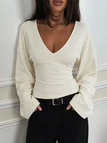 SHEIN Tall ملابس علوية نسائية كاجوال متعددة الاستخدامات بلون موحد وأكمام جرسية - بيج - مشاهدة 3