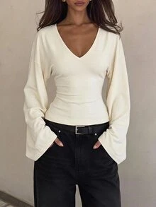 SHEIN Tall ملابس علوية نسائية كاجوال متعددة الاستخدامات بلون موحد وأكمام جرسية - بيج - مشاهدة 1