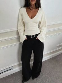 SHEIN Tall ملابس علوية نسائية كاجوال متعددة الاستخدامات بلون موحد وأكمام جرسية - بيج - مشاهدة 7
