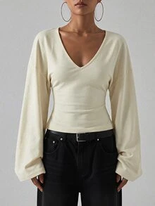 SHEIN Tall ملابس علوية نسائية كاجوال متعددة الاستخدامات بلون موحد وأكمام جرسية - بيج - مشاهدة 2