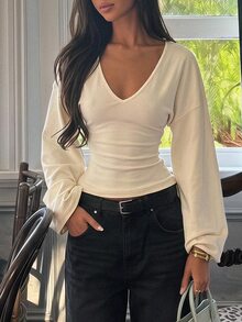 SHEIN Tall ملابس علوية نسائية كاجوال متعددة الاستخدامات بلون موحد وأكمام جرسية - بيج - مشاهدة 6