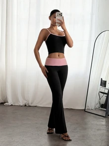 SHEIN PETITE Women's Colorblock Summer New Design Lace-Up Camisole And Long Pants Set, Suitable For Spring/Summer, Suitable For Summer - Black - View 3