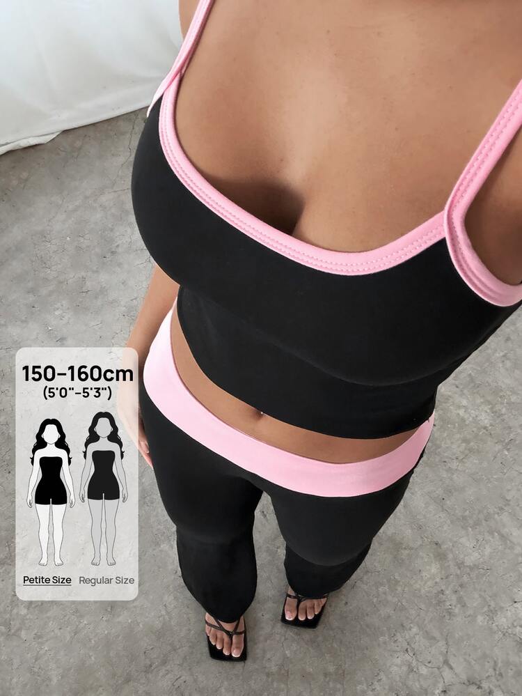 SHEIN PETITE Women's Colorblock Summer New Design Lace-Up Camisole And Long Pants Set, Suitable For Spring/Summer, Suitable For Summer - Black - View 9