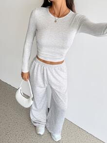 SHEIN Tall Women's Autumn Casual Long Sleeve Top And Pants 2 Pieces Set - Grey - View 4