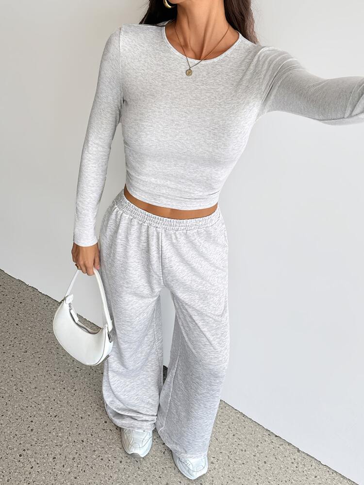 SHEIN Tall 女款秋季休閒長袖上衣與長褲兩件套 - 灰色 - 查看 4