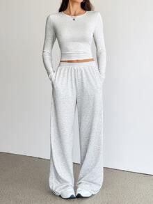SHEIN Tall Women's Autumn Casual Long Sleeve Top And Pants 2 Pieces Set - Grey - View 8
