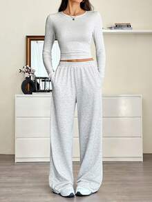 SHEIN Tall Women's Autumn Casual Long Sleeve Top And Pants 2 Pieces Set - Grey - View 9