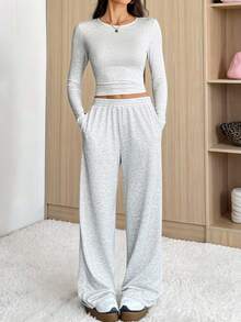 SHEIN Tall Women's Autumn Casual Long Sleeve Top And Pants 2 Pieces Set - Grey - View 11