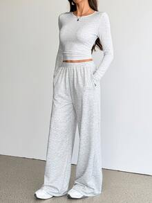SHEIN Tall Women's Autumn Casual Long Sleeve Top And Pants 2 Pieces Set - Grey - View 7