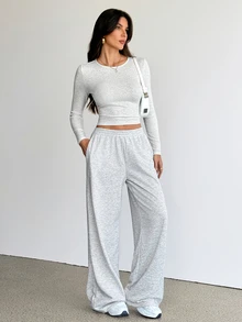 SHEIN Tall Women's Autumn Casual Long Sleeve Top And Pants 2 Pieces Set - Grey - View 3