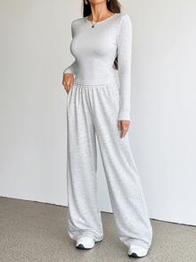 SHEIN Tall Women's Autumn Casual Long Sleeve Top And Pants 2 Pieces Set - Grey - View 6