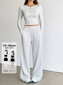 SHEIN Tall Women's Autumn Casual Long Sleeve Top And Pants 2 Pieces Set - Grey - View 12
