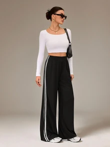 SHEIN Tall Minimalist Fashion Grey Side Stripe Casual Pants, Everyday Casual Style - Dark Grey - View 7