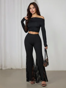SHEIN PETITE Women's Solid Color Elastic Waist Lace Flare Pants - Black - View 6