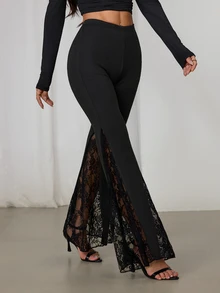 SHEIN PETITE Women's Solid Color Elastic Waist Lace Flare Pants - Black - View 8