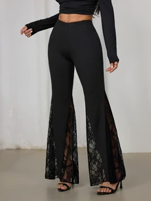SHEIN PETITE Women's Solid Color Elastic Waist Lace Flare Pants - Black - View 4