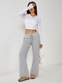 SHEIN PETITE 女款低腰條紋磨毛抽繩瑜伽寬鬆長褲，居家穿著舒適 - 灰色 - 查看 4