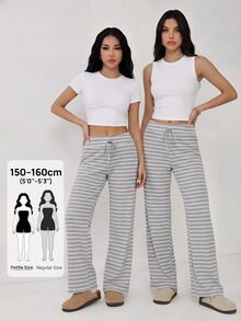 SHEIN PETITE 女款低腰條紋磨毛抽繩瑜伽寬鬆長褲，居家穿著舒適 - 灰色 - 查看 2