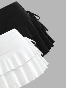 SHEIN PETITE 女款百搭綁帶荷葉邊迷你裙兩件套 - 彩色 - 查看 4