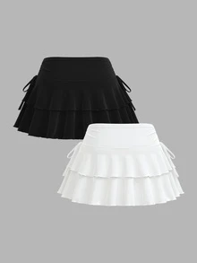 SHEIN PETITE 女款百搭綁帶荷葉邊迷你裙兩件套 - 彩色 - 查看 3