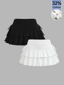 SHEIN PETITE 女款百搭綁帶荷葉邊迷你裙兩件套 - 彩色 - 查看 1