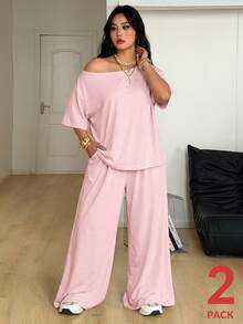 Coolane Women's Plus Size Summer Fall Casual Vacation Formal Office Open Shoulder T-Shirt Wide Leg Sweatpants Two Pieces Outfits Dusty Pink - Pink - View 6