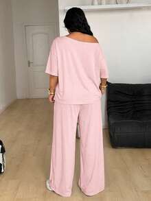 Coolane Women's Plus Size Summer Fall Casual Vacation Formal Office Open Shoulder T-Shirt Wide Leg Sweatpants Two Pieces Outfits Dusty Pink - Pink - View 4