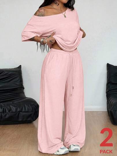 Coolane Women's Plus Size Summer Fall Casual Vacation Formal Office Open Shoulder T-Shirt Wide Leg Sweatpants Two Pieces Outfits Dusty Pink