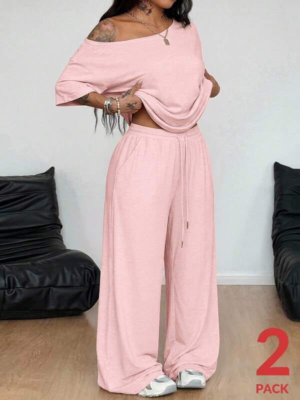 Coolane Women's Plus Size Summer Fall Casual Vacation Formal Office Open Shoulder T-Shirt Wide Leg Sweatpants Two Pieces Outfits Dusty Pink