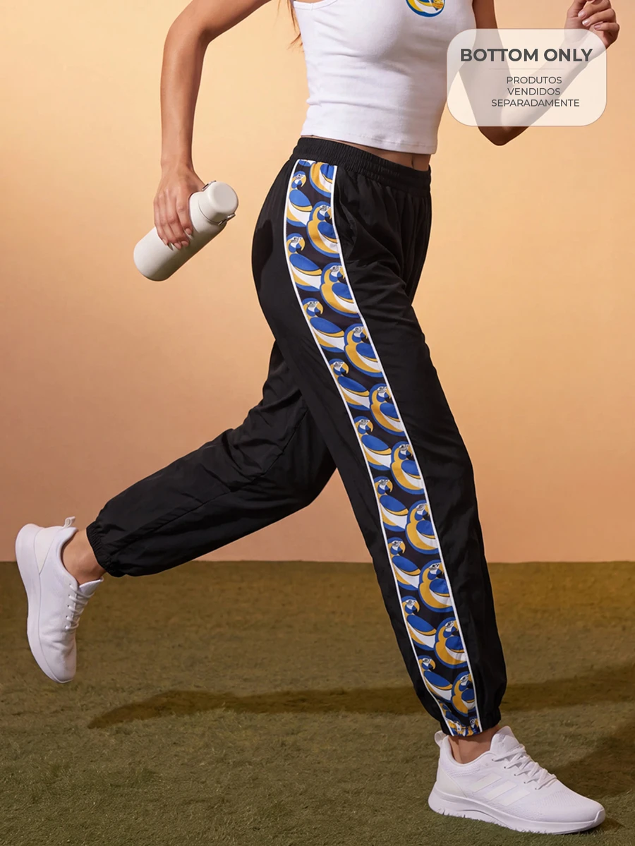 CAJUNI Women's Jogger Pants With Drawstring Waist And Blue Macaw Tropical Print - Black - View 1