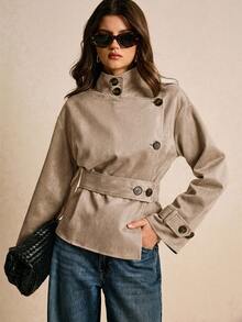Poéselle Jaket Trench Wanita Warna Polos dengan Kerah Tegak, Kasual, Serbaguna untuk Perjalanan Sehari-hari - Khaki - View 1