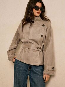 Poéselle Jaket Trench Wanita Warna Polos dengan Kerah Tegak, Kasual, Serbaguna untuk Perjalanan Sehari-hari - Khaki - View 5