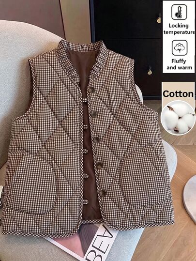 SHEIN Clasi Chaleco de invierno acolchado con diamantes a cuadros marrones de un solo botón para mujer