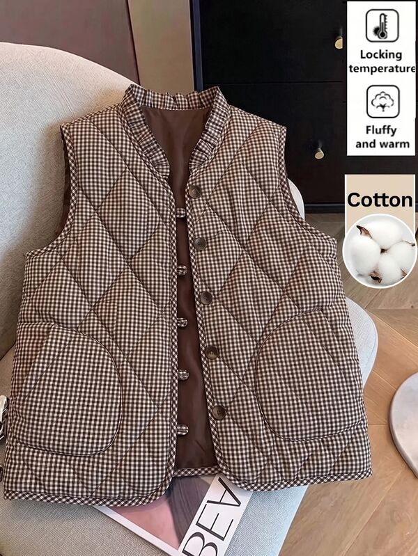 SHEIN Clasi Women's Single-Breasted Brown Plaid Plaid Diamond Quilted Autumn Vest Going Out Night Date Casual,Fall Winter 2026