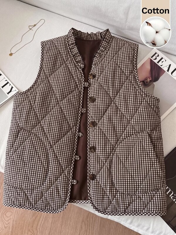 SHEIN Clasi Women's Single-Breasted Brown Plaid Plaid Diamond Quilted Autumn Vest Going Out Night Date Casual,Fall Winter 2026