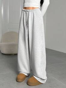 SHEIN Tween Girls Autumn And Winter Thermal Lined Thickened Simple Drawstring Loose Sports Straight Pants Floral Gray Sports Sweatpants, Casual Daily Wear - Light Grey - View 5