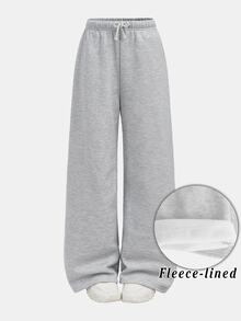 SHEIN Tween Girls Autumn And Winter Thermal Lined Thickened Simple Drawstring Loose Sports Straight Pants Floral Gray Sports Sweatpants, Casual Daily Wear - Light Grey - View 2
