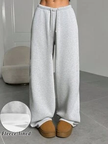 SHEIN Tween Girls Autumn And Winter Thermal Lined Thickened Simple Drawstring Loose Sports Straight Pants Floral Gray Sports Sweatpants, Casual Daily Wear - Light Grey - View 3
