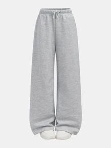 SHEIN Tween Girls Autumn And Winter Thermal Lined Thickened Simple Drawstring Loose Sports Straight Pants Floral Gray Sports Sweatpants, Casual Daily Wear - Light Grey - View 7