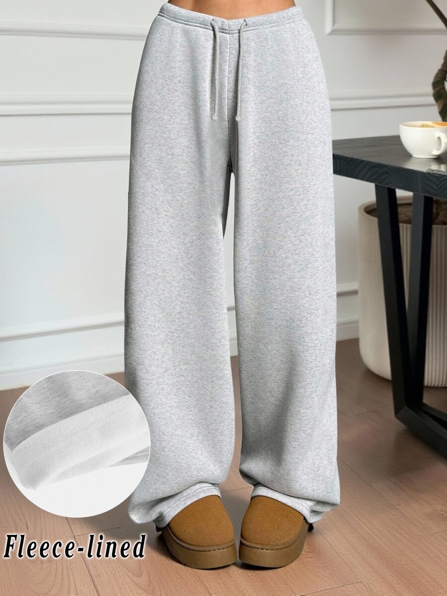 SHEIN Tween Girls Autumn And Winter Thermal Lined Thickened Simple Drawstring Loose Sports Straight Pants Floral Gray Sports Sweatpants, Casual Daily Wear - Light Grey - View 1