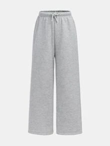 SHEIN Tween Girls Autumn And Winter Thermal Lined Thickened Simple Drawstring Loose Sports Straight Pants Floral Gray Sports Sweatpants, Casual Daily Wear - Light Grey - View 9