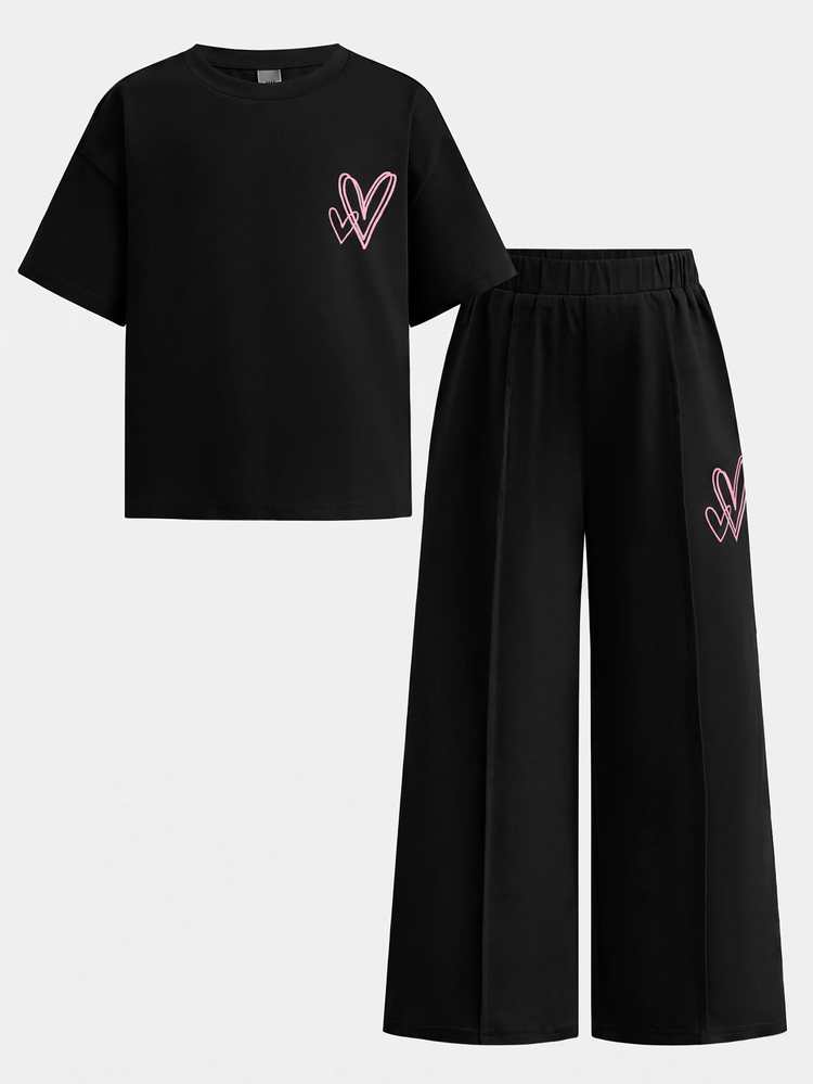Young Girl Spring/Summer Cute Casual Minimalist Heart Print Loose Short Sleeve T-Shirt + Long Pants, Casual Fashion Street Round Neck Oversize Loose Drop Shoulder New York Print Short Sleeve Sweatshirt And Pleated Straight Leg Wide Leg Long Pants Set, Knit Sweatpants Set, Green - Black - View 6