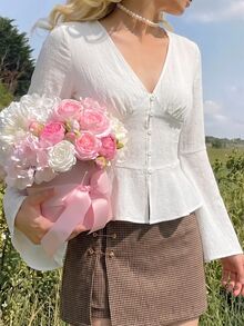 SHEIN MOD 女款法式時尚荷葉邊下擺鈕扣百褶襯衫 - 白色 - 查看 2
