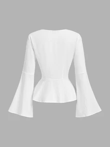 SHEIN MOD 女款法式時尚荷葉邊下擺鈕扣百褶襯衫 - 白色 - 查看 4