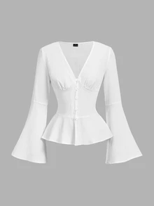SHEIN MOD 女款法式時尚荷葉邊下擺鈕扣百褶襯衫 - 白色 - 查看 3