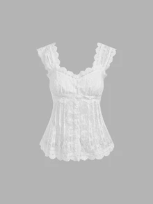 SHEIN MOD Women's French Fashion Lace Single-Breasted Shirt, Sweet Style For Dating And Birthday - White - View 3