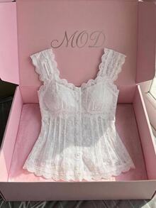SHEIN MOD Women's French Fashion Lace Single-Breasted Shirt, Sweet Style For Dating And Birthday - White - View 1