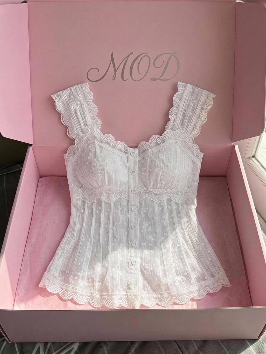 SHEIN MOD Women's French Fashion Lace Single-Breasted Shirt, Sweet Style For Dating And Birthday - White - View 1