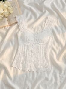 SHEIN MOD Women's French Fashion Lace Single-Breasted Shirt, Sweet Style For Dating And Birthday - White - View 7