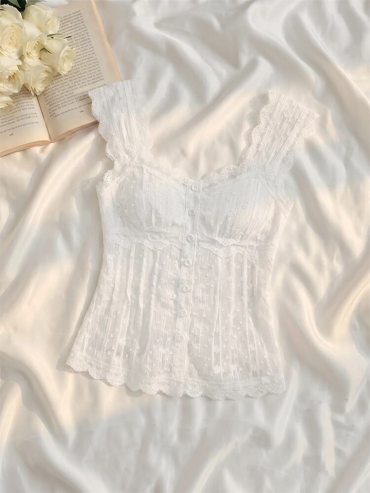 SHEIN MOD 女款法式時尚蕾絲單排扣襯衫，甜美風格，適合約會與生日 - 白色 - 查看 7